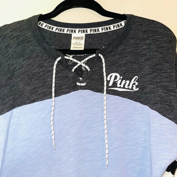 PINK Victoria’s Secret Baby Blue & Gray Oversized Varsity Tee Xsmall Women’s - Picture 2 of 11